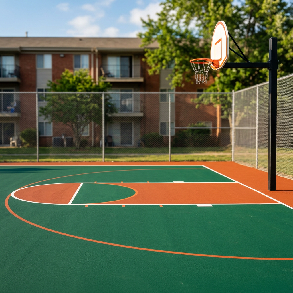 A freshly painted outdoor basketball court in green and burnt orange
